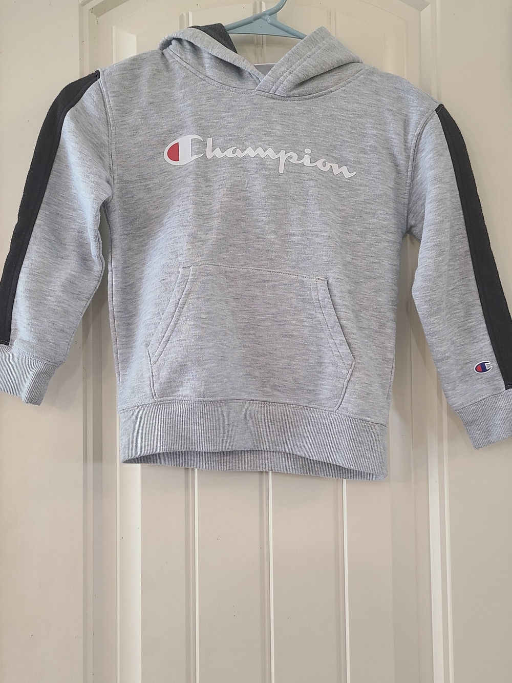 Champion Light Gray Kids' Hoodie with Black Sleeve Stripes 5T